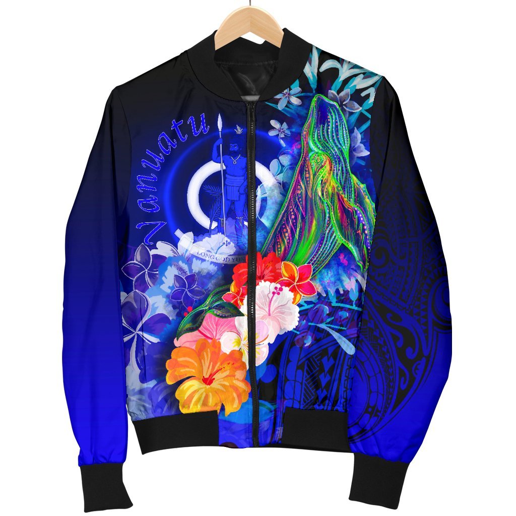 Vanuatu Men's Bomber Jacket - Humpback Whale with Tropical Flowers (Blue) - Polynesian Pride