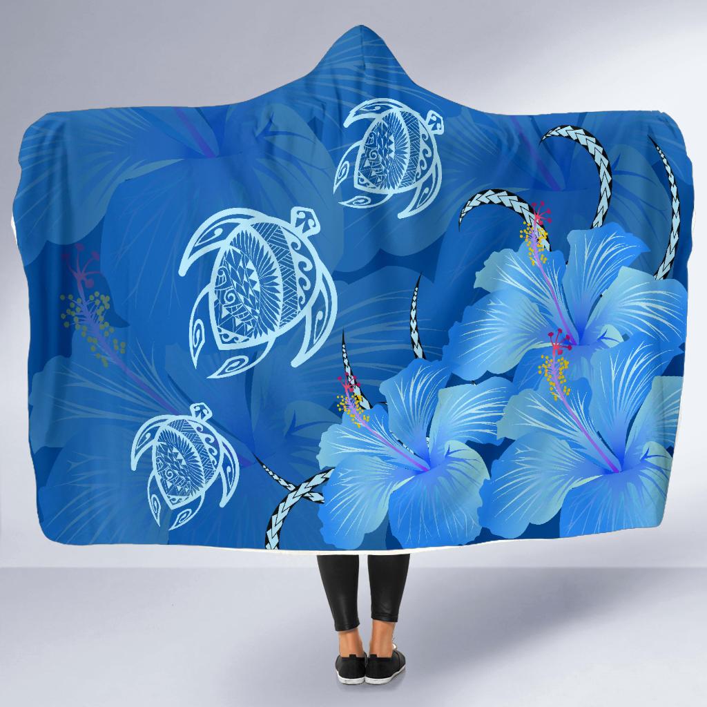 Hawaii Blue Hibiscus Turtle Polynesian Hooded Blanket Hooded Blanket Blue - Polynesian Pride