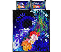 CNMI Quilt Bed Set - Humpback Whale with Tropical Flowers (Blue) - Polynesian Pride