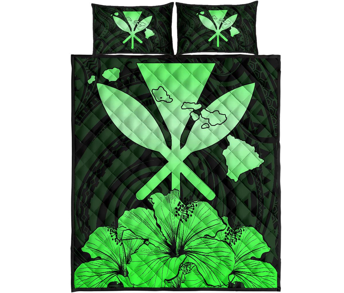 Hawaiian Kanaka Quilt Bed Set Hibiscus Polynesian Love Green Green - Polynesian Pride