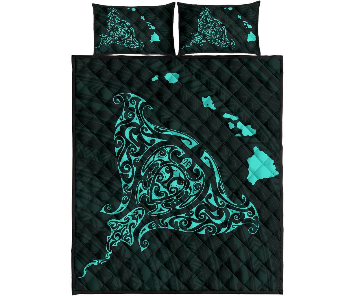 Rays Hawaii Map Polynesian Quilt Bed Set - Turquoise Turquoise - Polynesian Pride