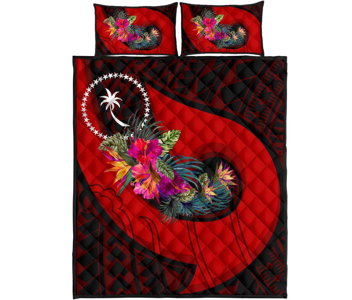 Chuuk Quilt Bed Set - Polynesian Hook And Hibiscus (Red) - Polynesian Pride