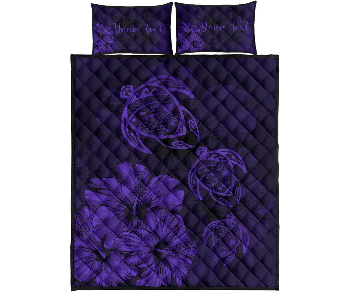 Personalized - Hawaii Map Turtles Hibiscus Quilt Bed Set - Purple Art - Polynesian Pride