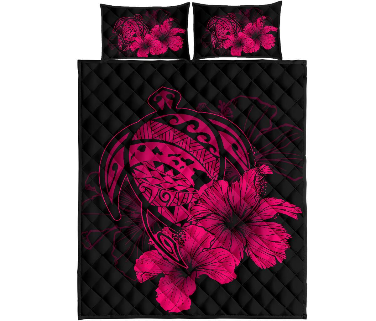 Hawaiian Map Turtle Hibiscus Polynesian Quilt Bedding Set - Calico Red Red - Polynesian Pride