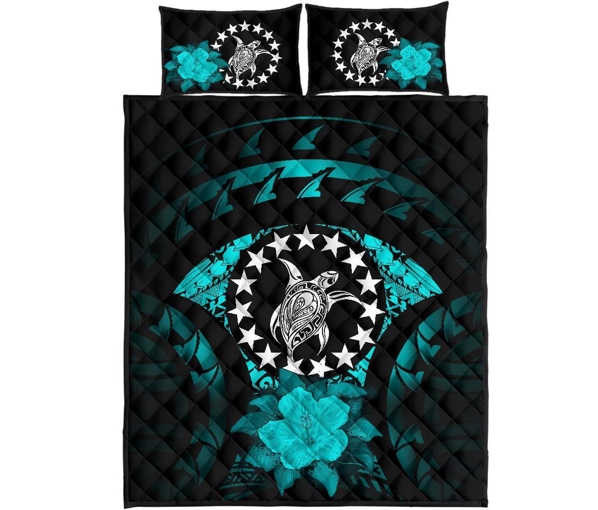 Cook Islands Polynesian Quilt Bed Set Hibiscus Turquoise - Polynesian Pride