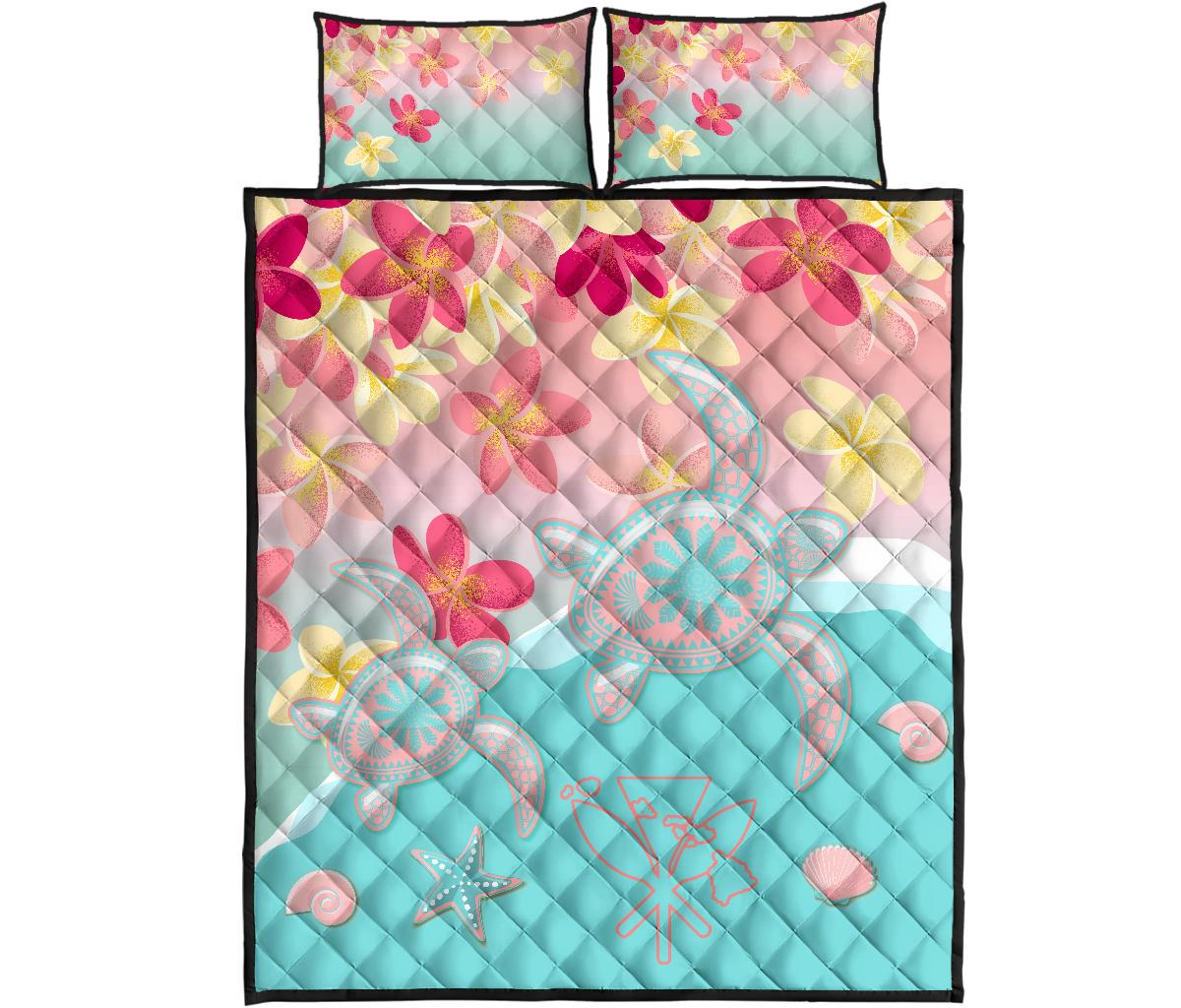 Hawaii Sea Turtle Plumeria Quilt Bed Set - Ane Style Blue - Polynesian Pride