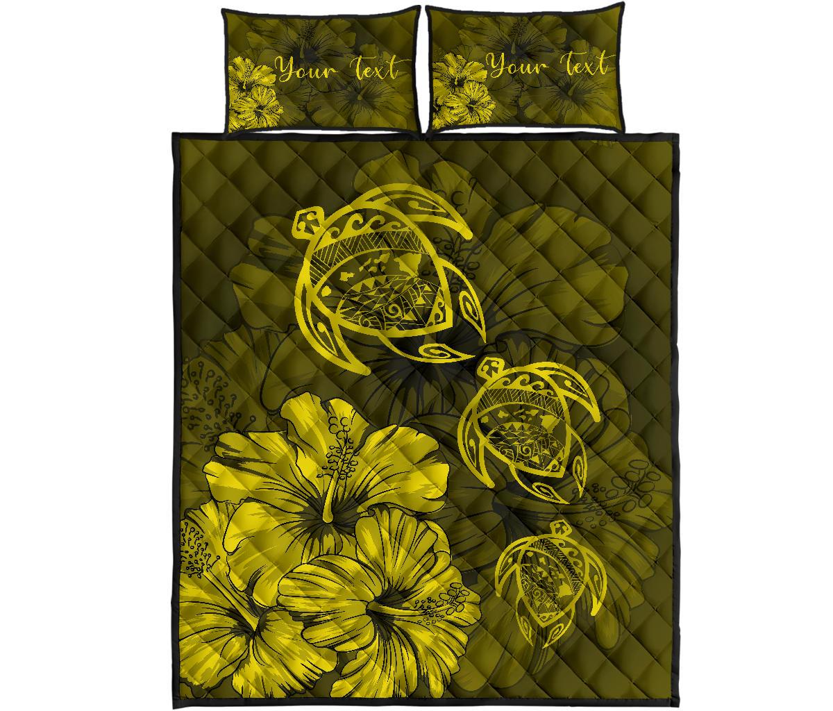 Personalized - Hawaii Map Turtles Hibiscus Quilt Bed Set - Yellow Yellow - Polynesian Pride