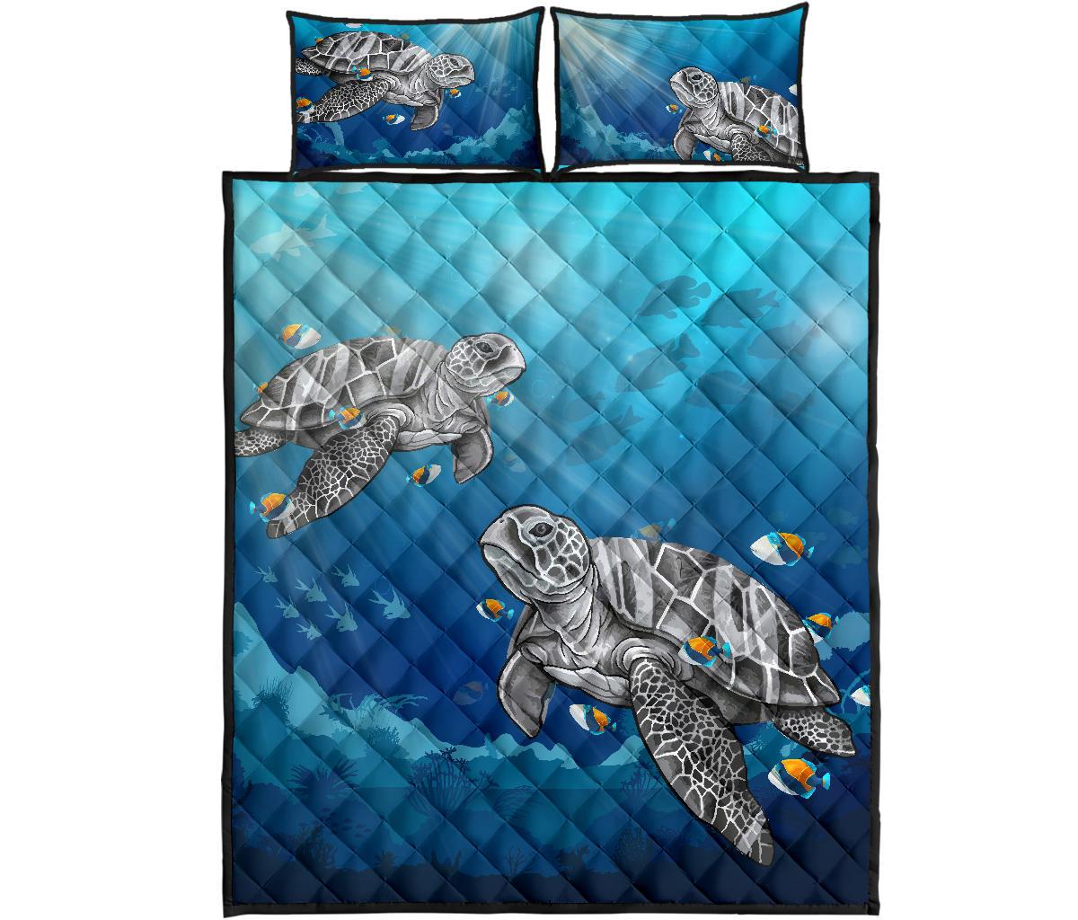 Hawaii Quilt Bed Set - Turtle And Humuhumunukunukuapua'a Quilt Bed Set Blue - Polynesian Pride