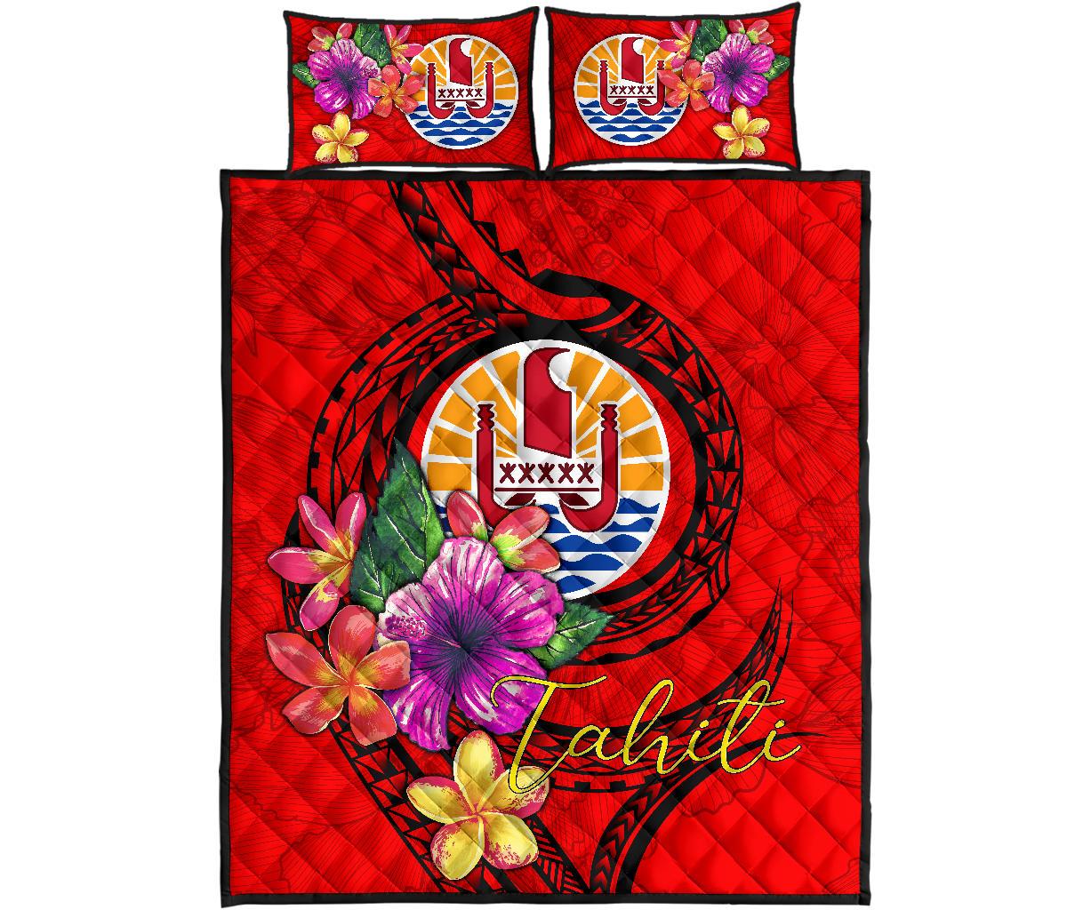 Tahiti Polynesian Quilt Bed Set - Floral With Seal Red - Polynesian Pride