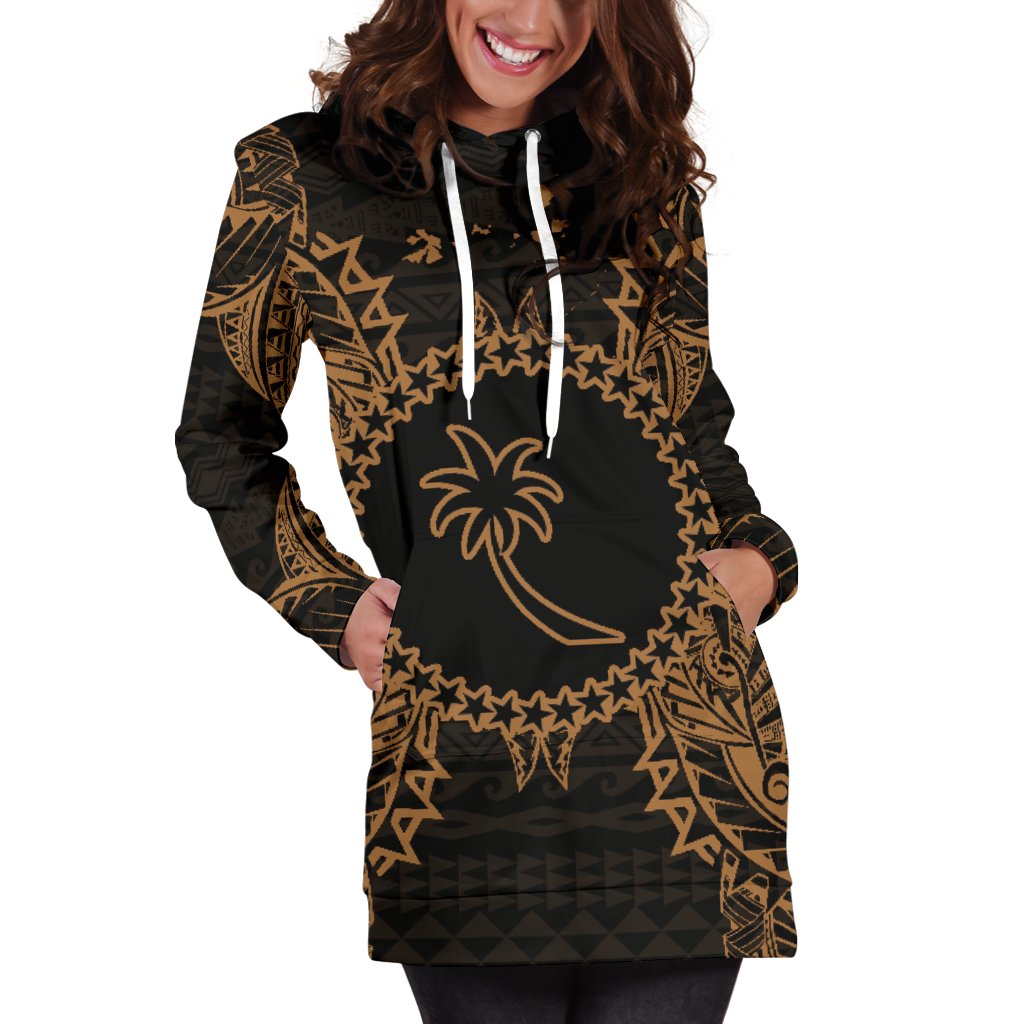 Chuuk Polynesian Hoodie Dress Map Gold - Polynesian Pride