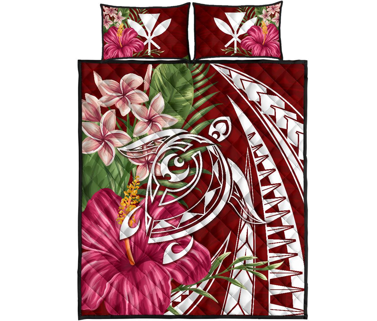 Hawaii Polynesian Turtle Tropical Hibiscus Plumeria Quilt Bed Set - Red Red - Polynesian Pride