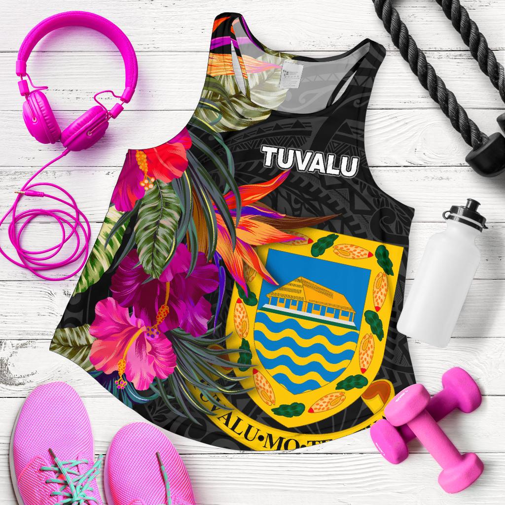 Tuvalu Women's Racerback Tank - Hibiscus Polynesian Pattern Black - Polynesian Pride