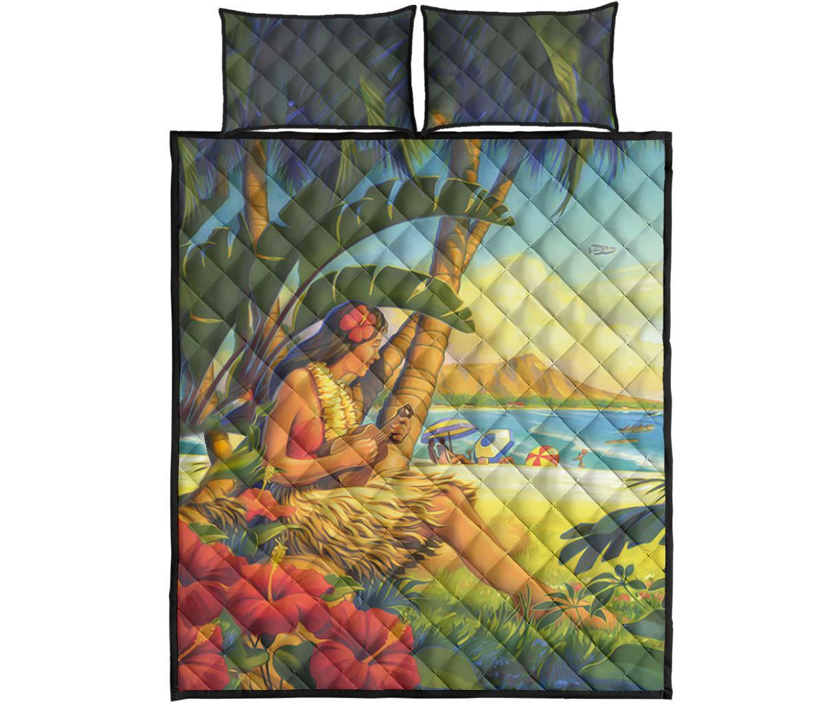 Hawaii Quilt Bed Set - Hawaii Girl Playing Ukulele Yellow - Polynesian Pride