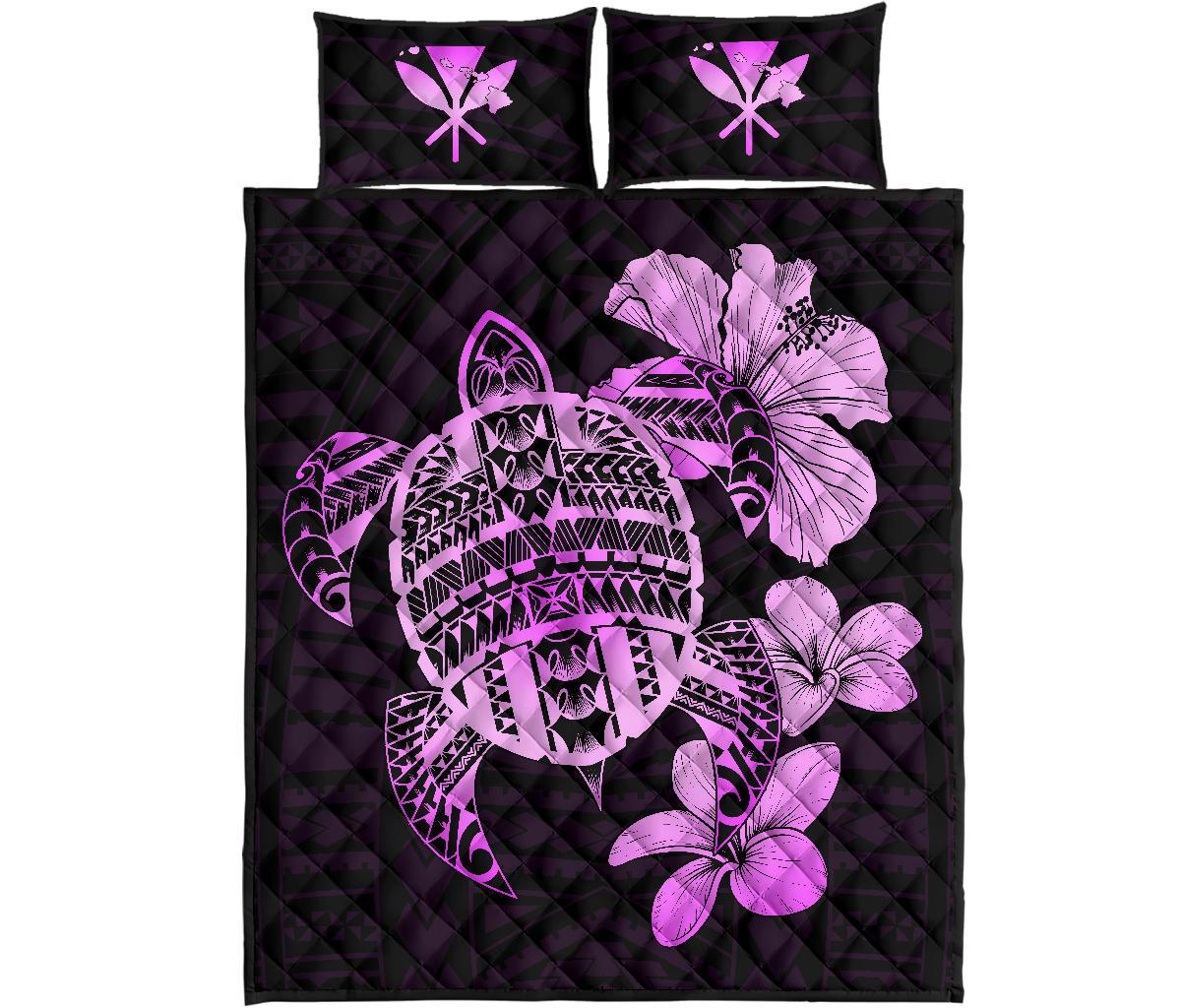 Hawaiian Kanaka Hibiscus Plumeria Mix Polynesian Turtle Quilt Bed Set Pink AH Art - Polynesian Pride