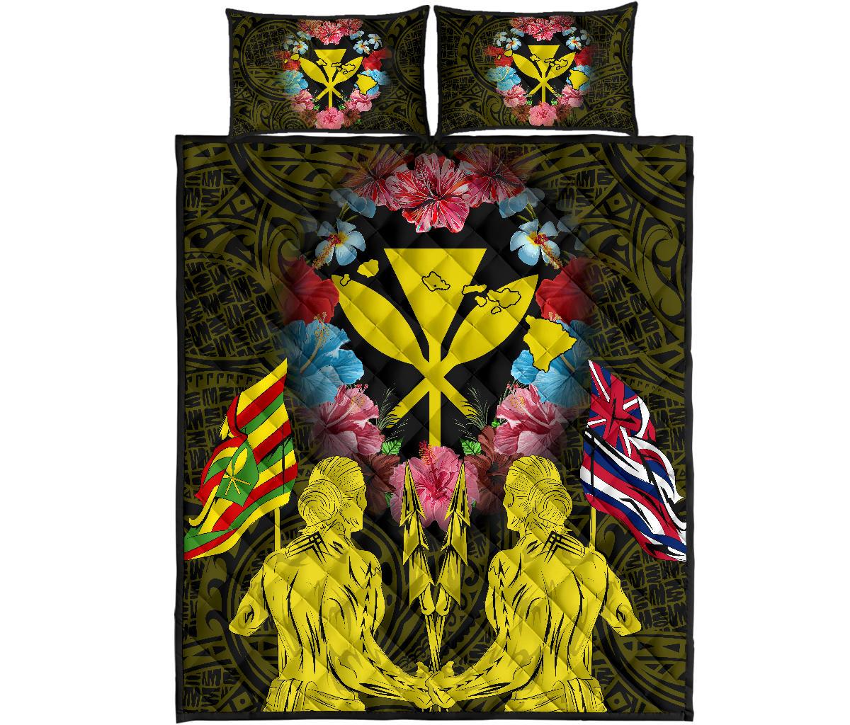 Hawaii Map Kanaka Two Men Holding Flag Quilt Bed Set - AH - Yellow Yellow - Polynesian Pride