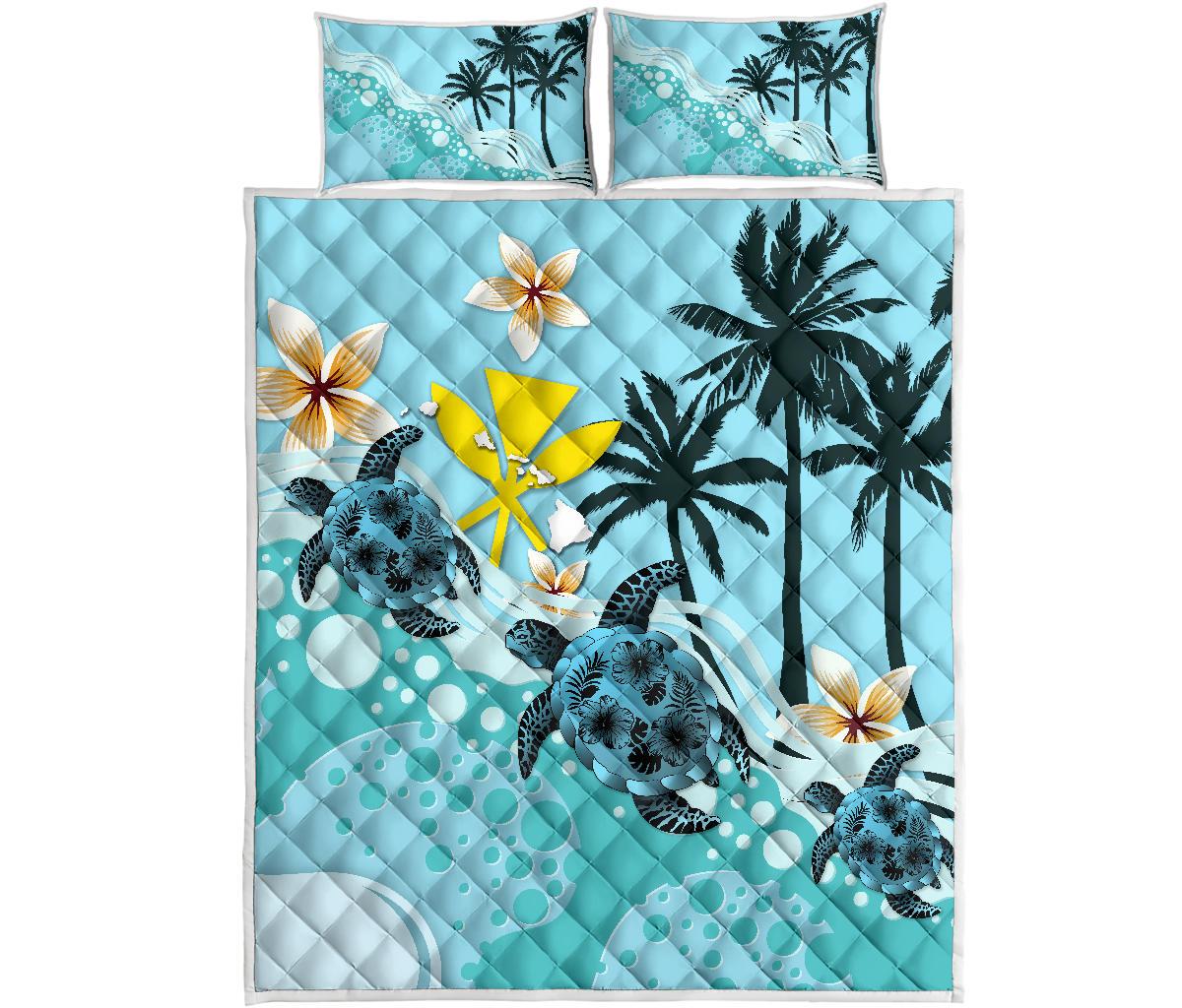 Kanaka Maoli (Hawaiian) Quilt Bed Set - Blue Turtle Hibiscus Blue - Polynesian Pride