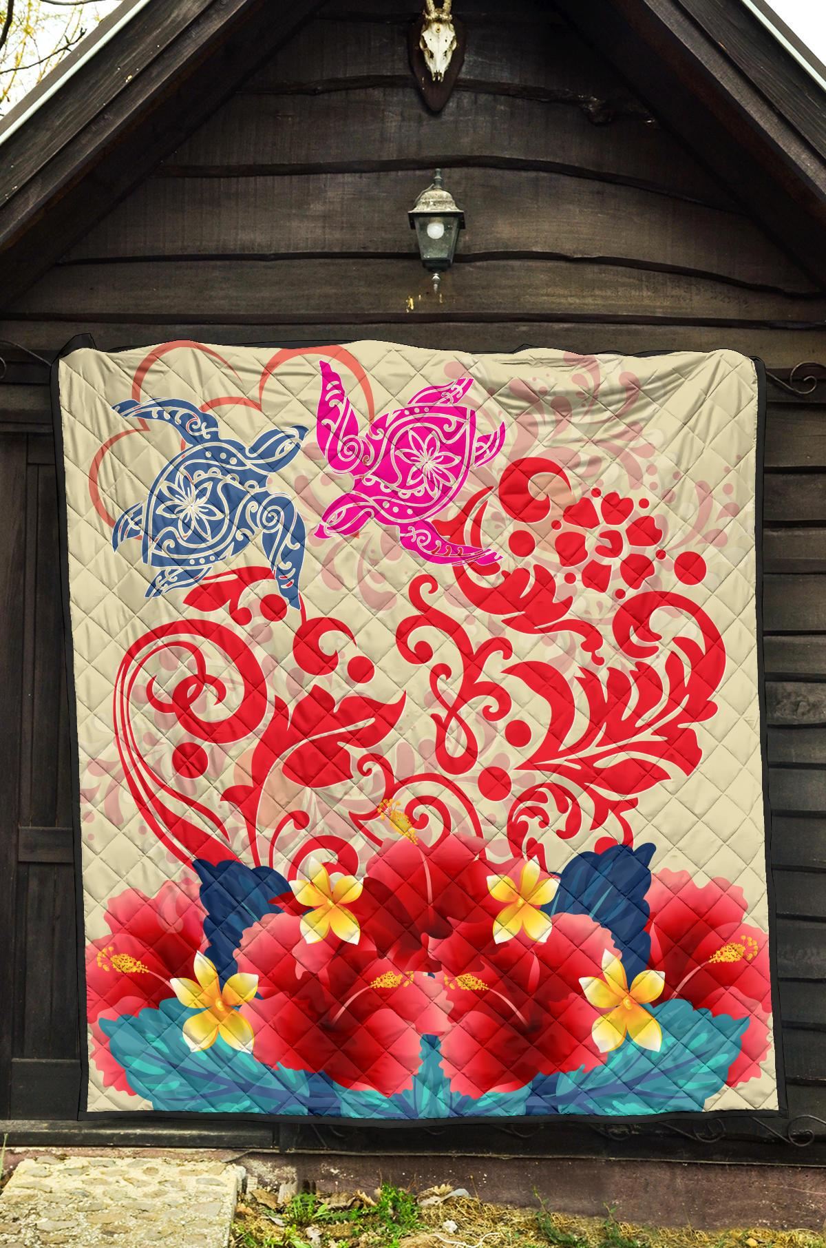 Hawaii Turtle Couple Hibiscus Valentine Pattern Premium Quilt - Romance Style - AH - Polynesian Pride
