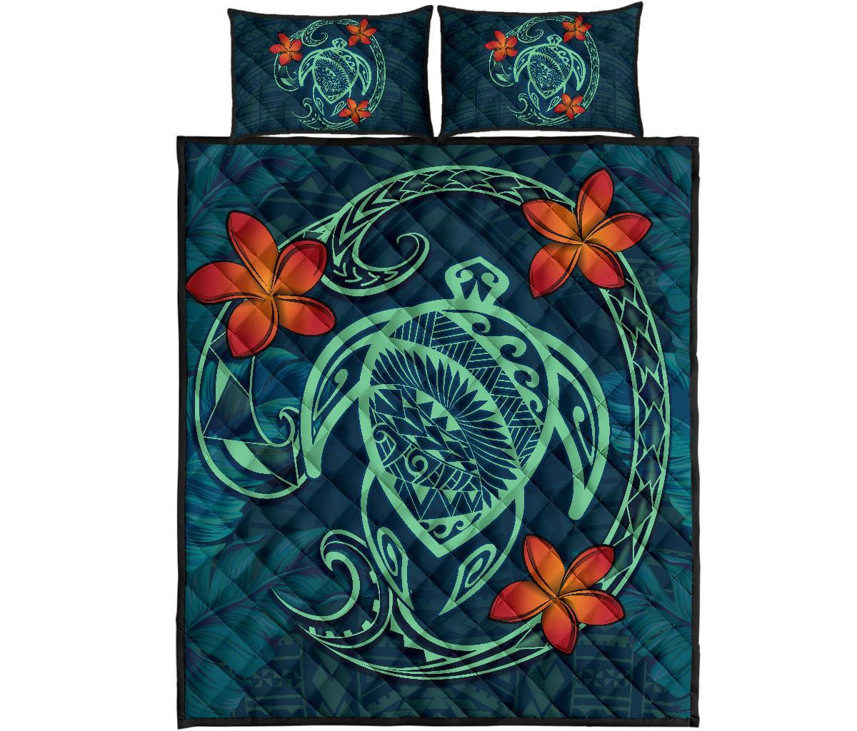 Hawaii Turtle Polynesia Tropical Quilt Bed Set - Tax Style - AH Blue - Polynesian Pride