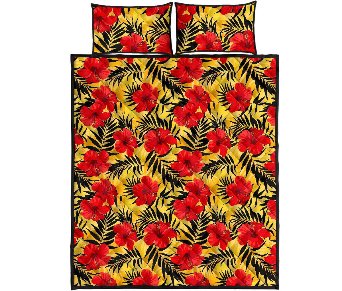 Tropical Flowers And Palm Leaves Quilt Bed Set Art - Polynesian Pride