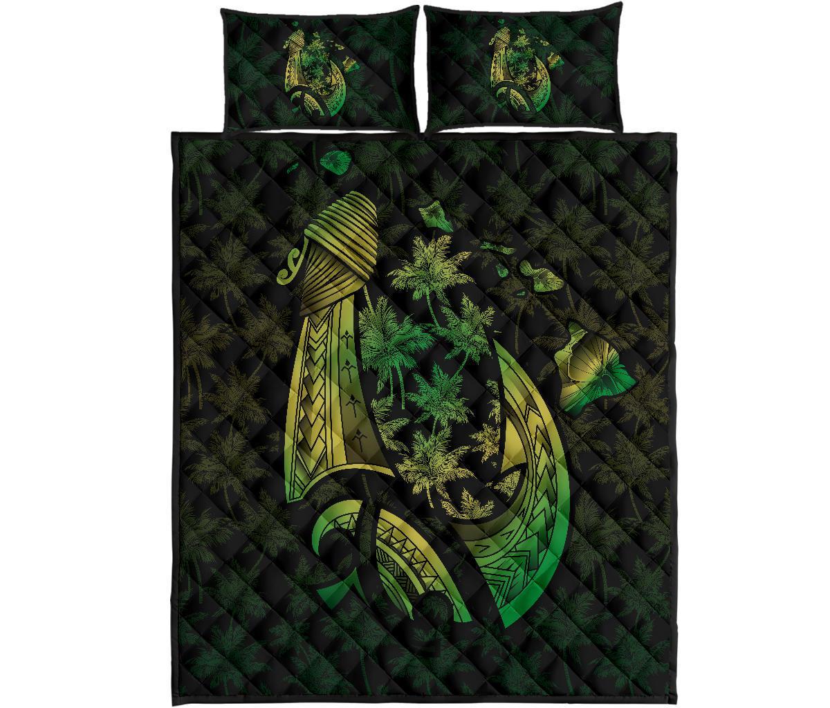 Hawaiian Map Palm Trees Fish Hook Polynesian Quilt Bedding Set Colorful Green Green - Polynesian Pride