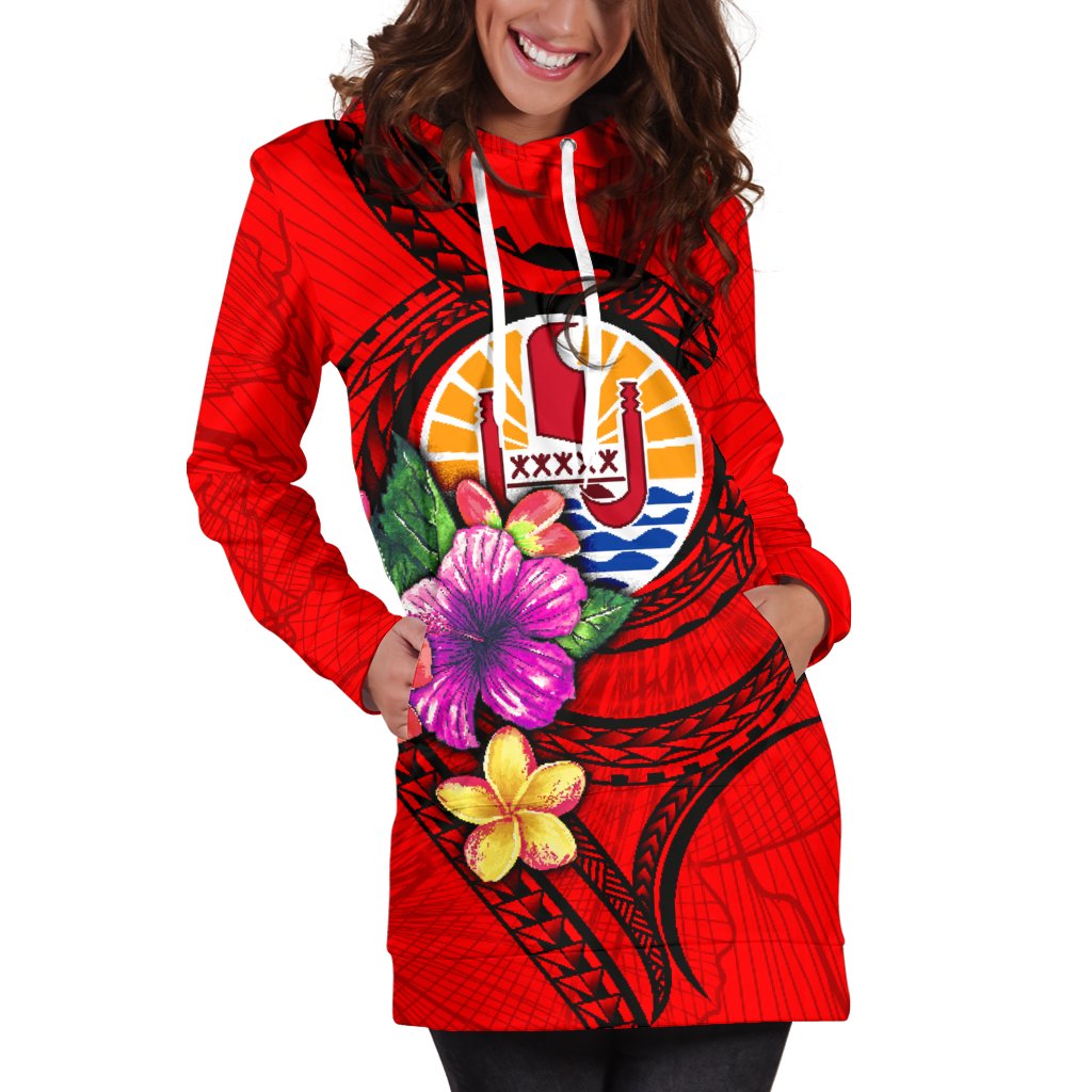Tahiti Polynesian Women's Hoodie Dress - Floral With Seal Red - Polynesian Pride