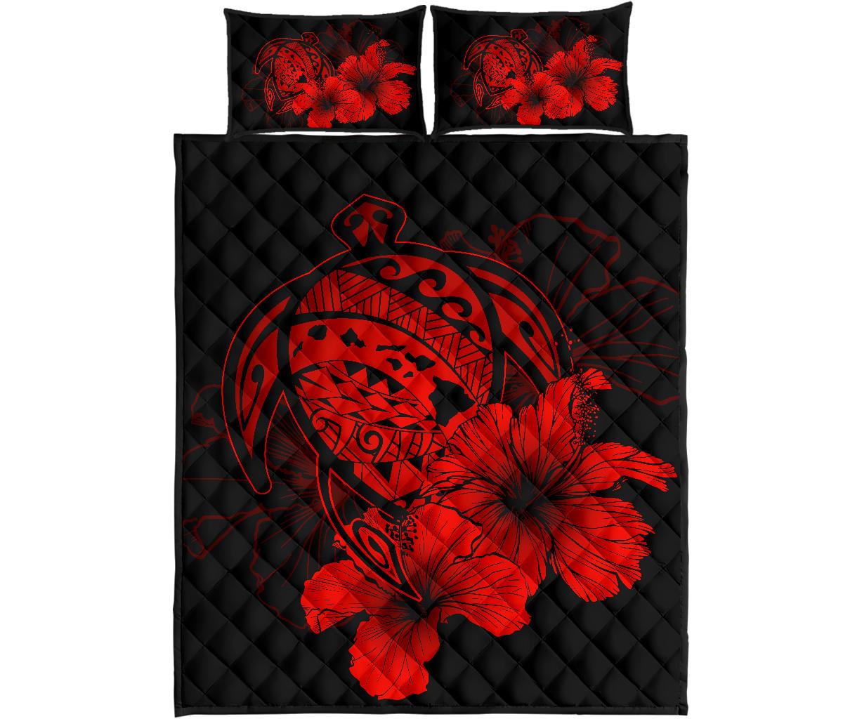 Hawaiian Map Turtle Hibiscus Polynesian Quilt Bedding Set - Red Red - Polynesian Pride