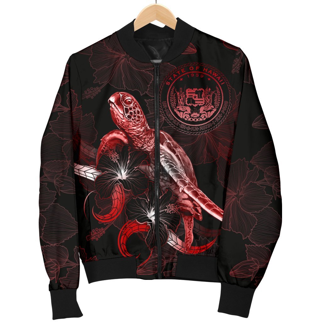 Hawaii Polynesian Men's Bomber Jacket - Turtle With Blooming Hibiscus Red - Polynesian Pride