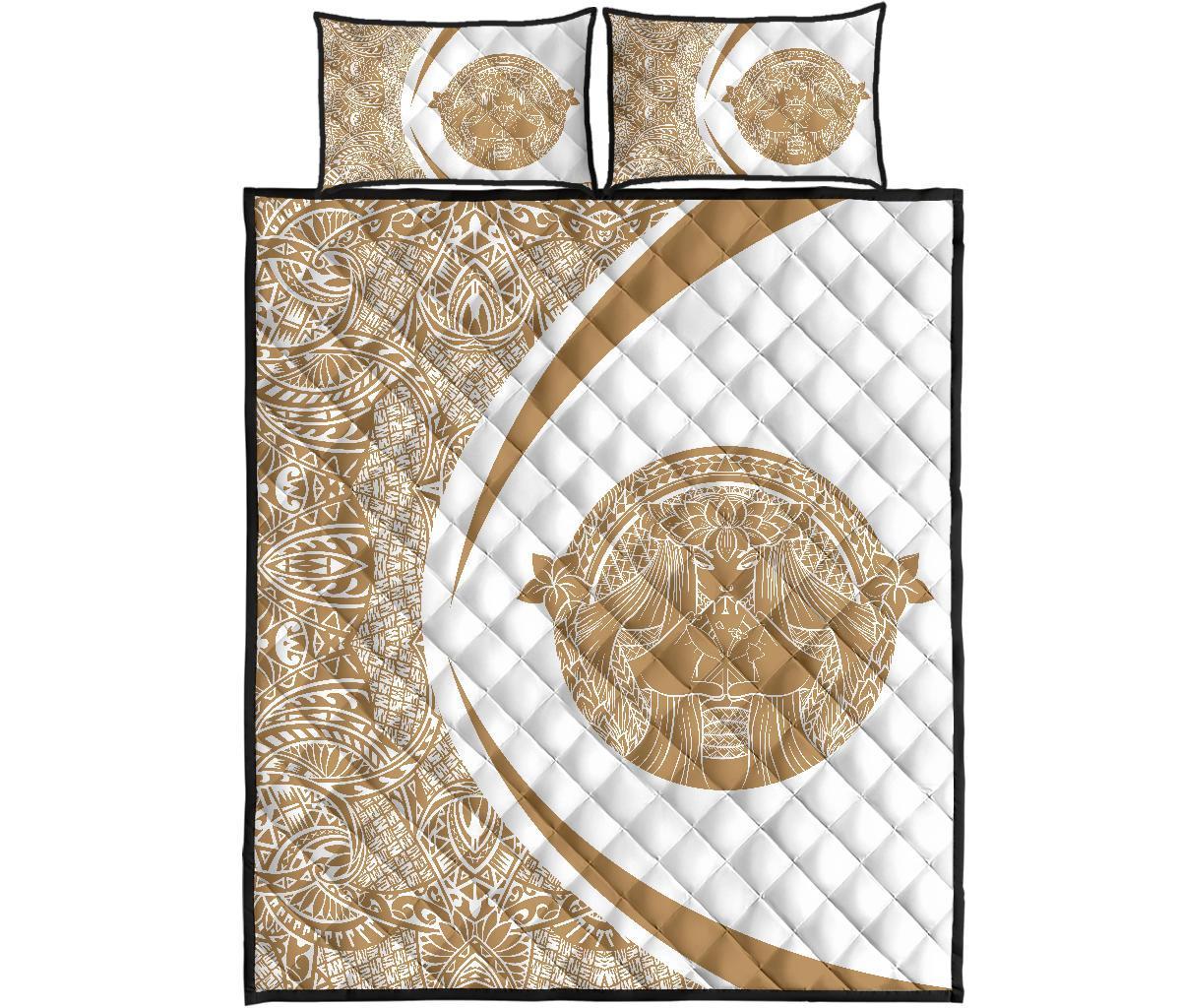 Hawaii Polynesian Pele Kanaka Quilt Bed Set Circle Style Gold And White Gold - Polynesian Pride