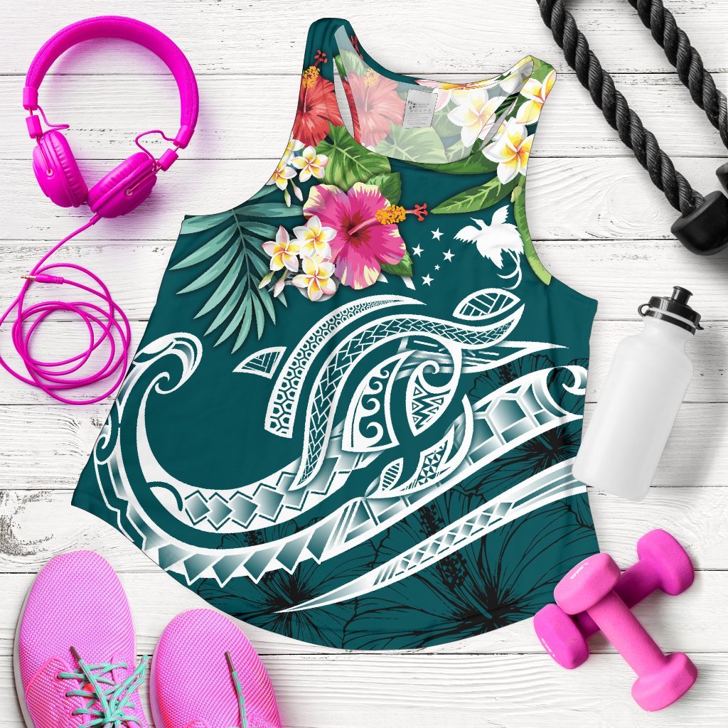Papua New Guinea Polynesian Women's Racerback Tank - Summer Plumeria (Turquoise) Turquoise - Polynesian Pride