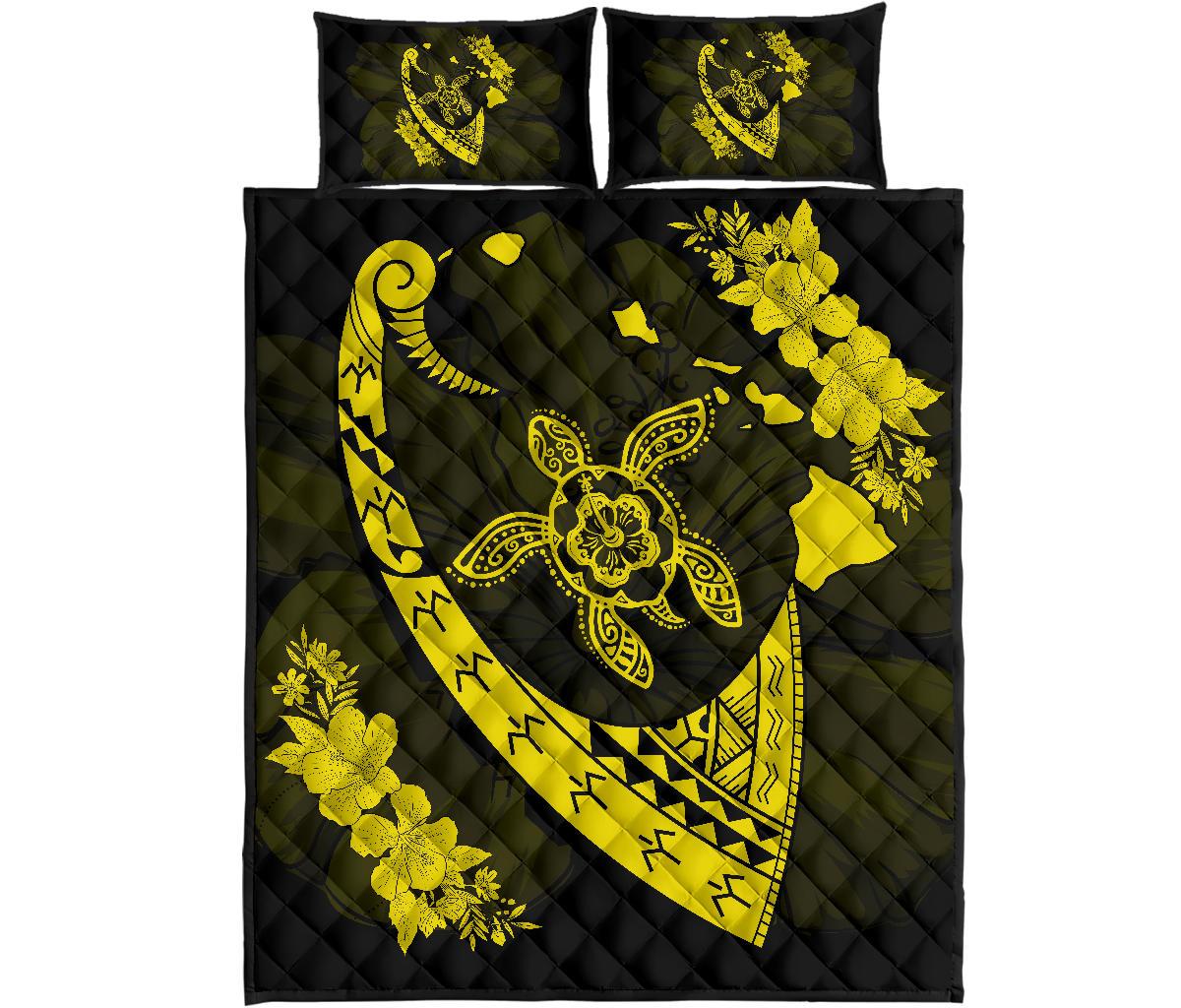 Hawaiian Map Hibiscus Turtle Fish Hook Polynesian Quilt Bedding Set Yellow Yellow - Polynesian Pride