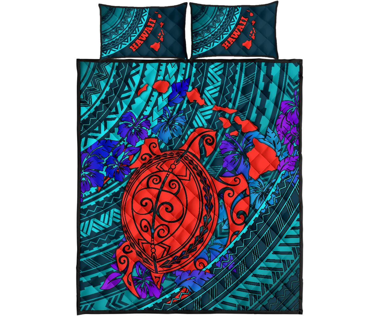 Hawaii Polynesian Quilt Bed Set - Hawaii Red Sea Turtle Map & Blue Hibiscus - Polynesian Pride