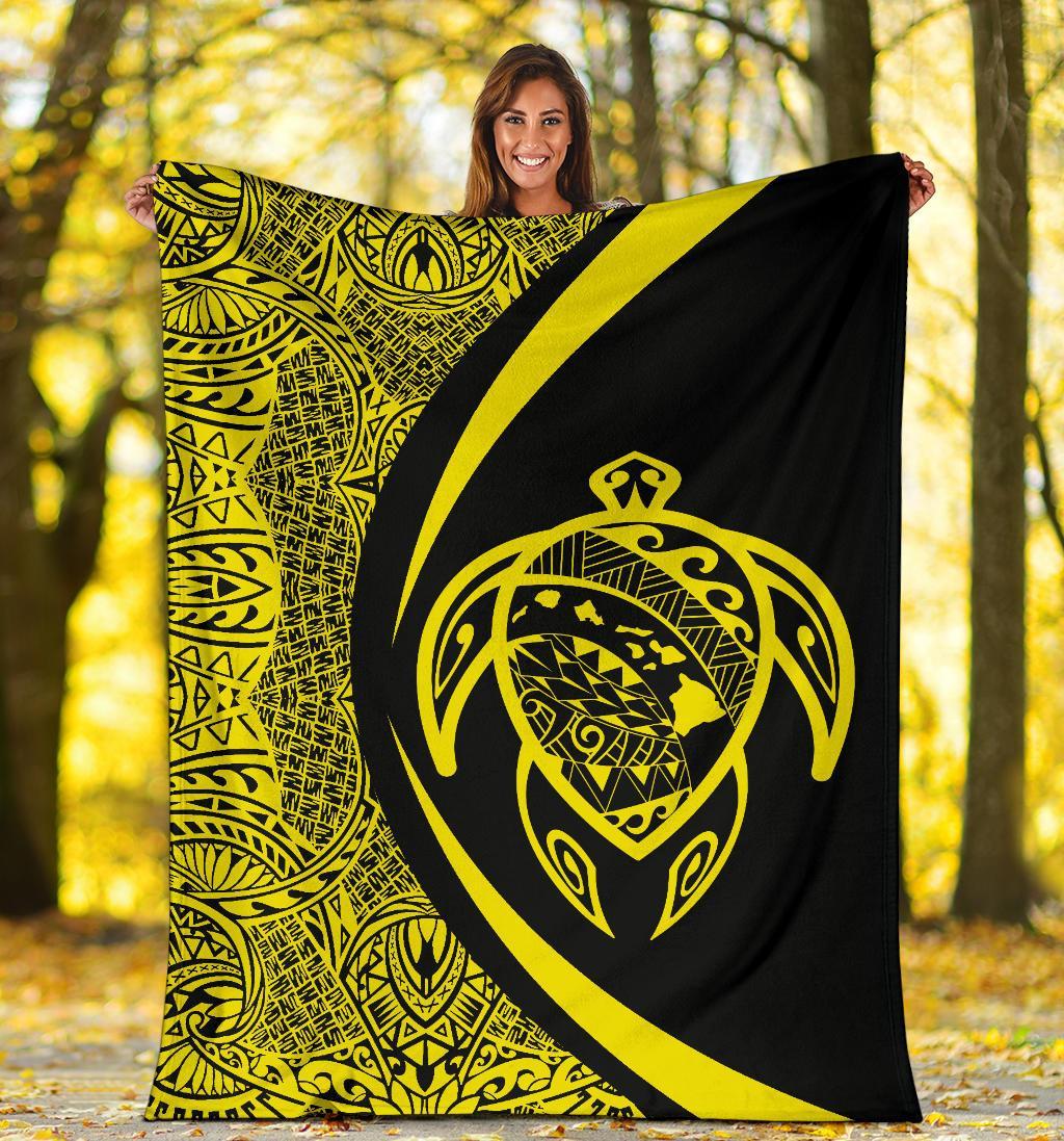 Hawaii Turtle Map Polynesian Premium Blanket - Yellow - Circle Style - Polynesian Pride