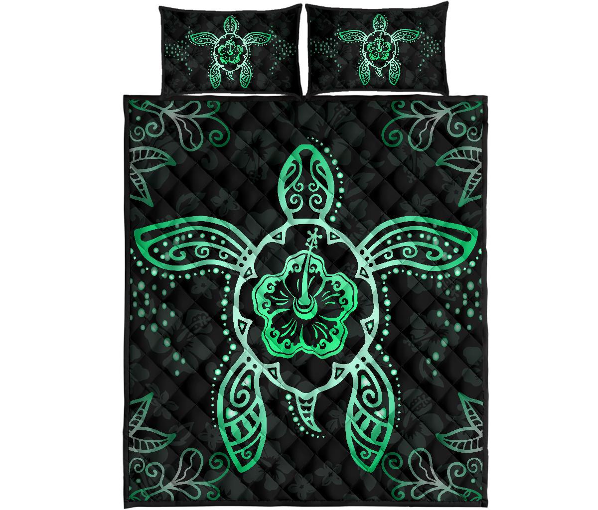 Turtle Hibiscus Turquoise Quilt Bed Set Turquoise - Polynesian Pride