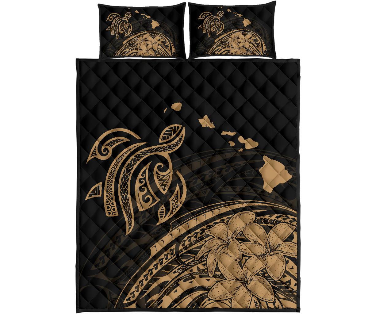 Hawaii Quilt Bed Set - Turtle Polynesian Map Plumeria Gold Gold - Polynesian Pride