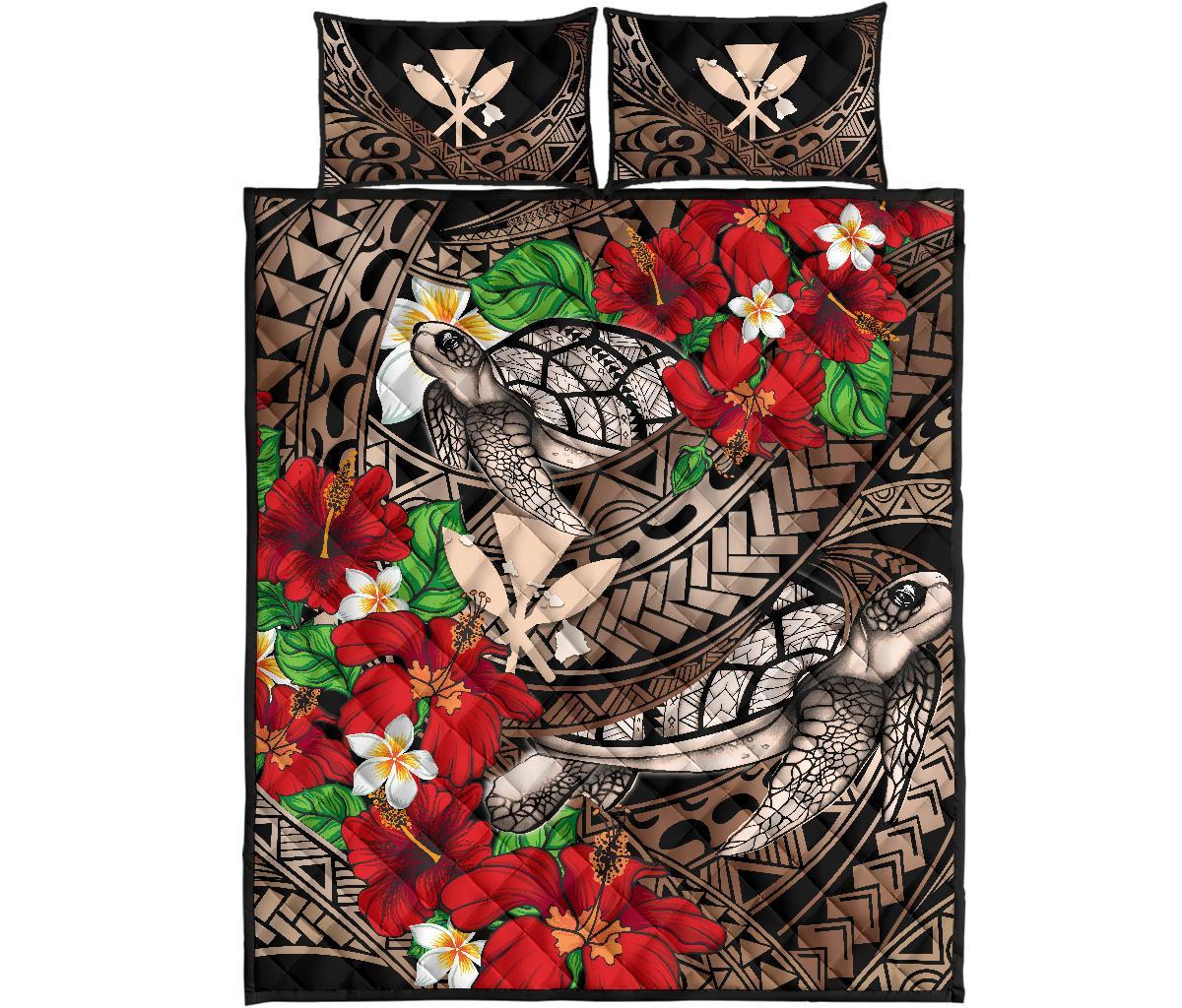 Kanaka Maoli (Hawaiian) Quilt Bed Set - Waves Polynesian Turtle Hibiscus Gold - Polynesian Pride