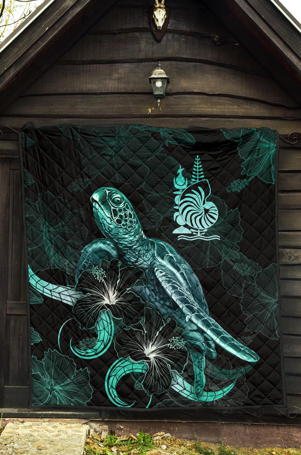 New Caledonia Polynesian Premium Quilt - Turtle With Blooming Hibiscus Turquoise - Polynesian Pride