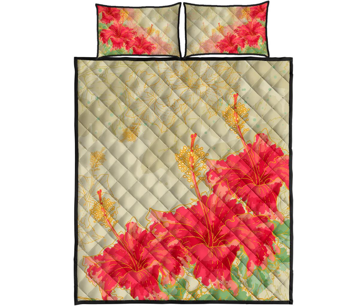 Hawaii Flower Hibiscus Quilt Bed Set Beige - Polynesian Pride