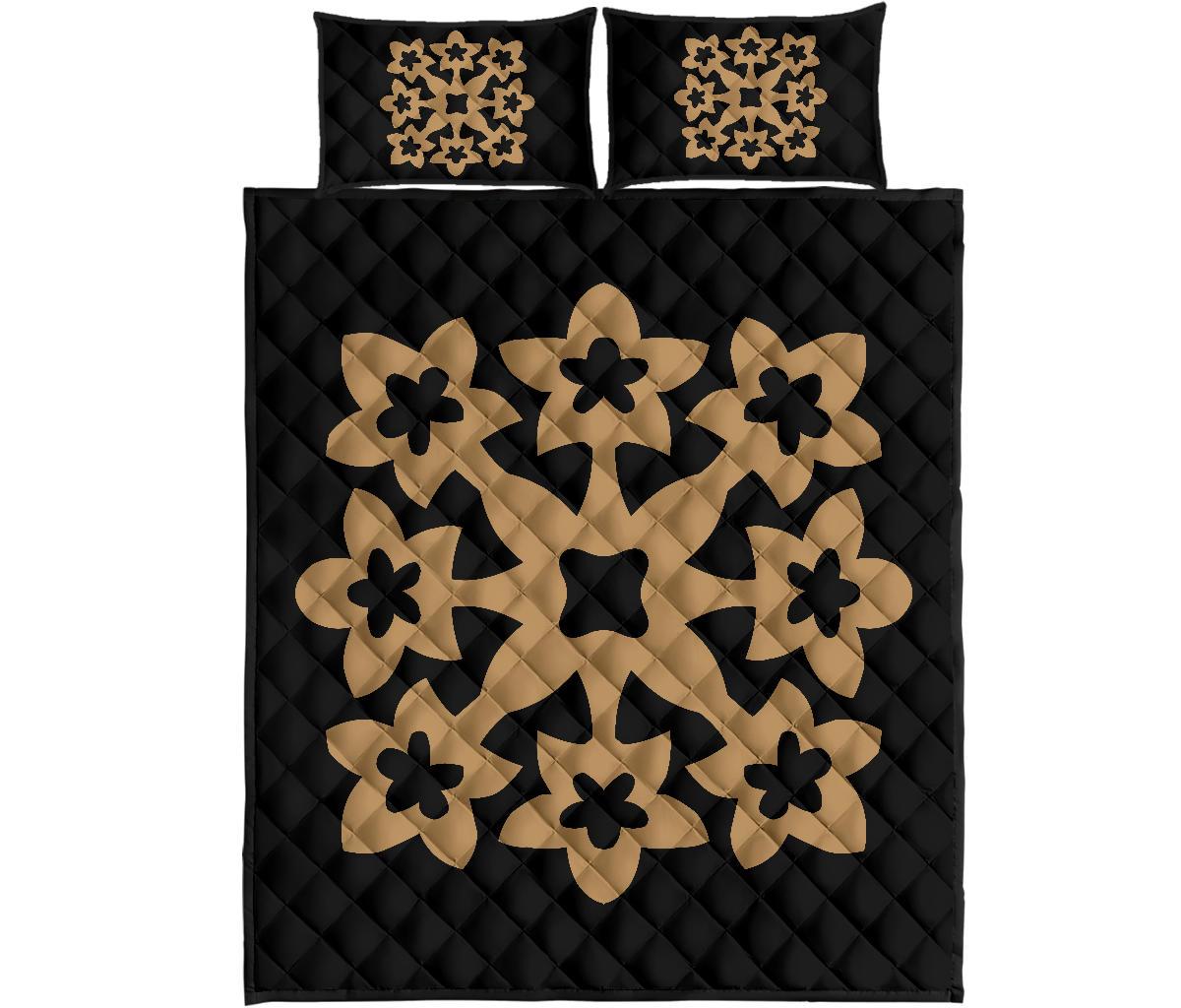 Hawaiian Quilt Bed Set Royal Pattern - Black And Gold - A1 Style Gold - Polynesian Pride