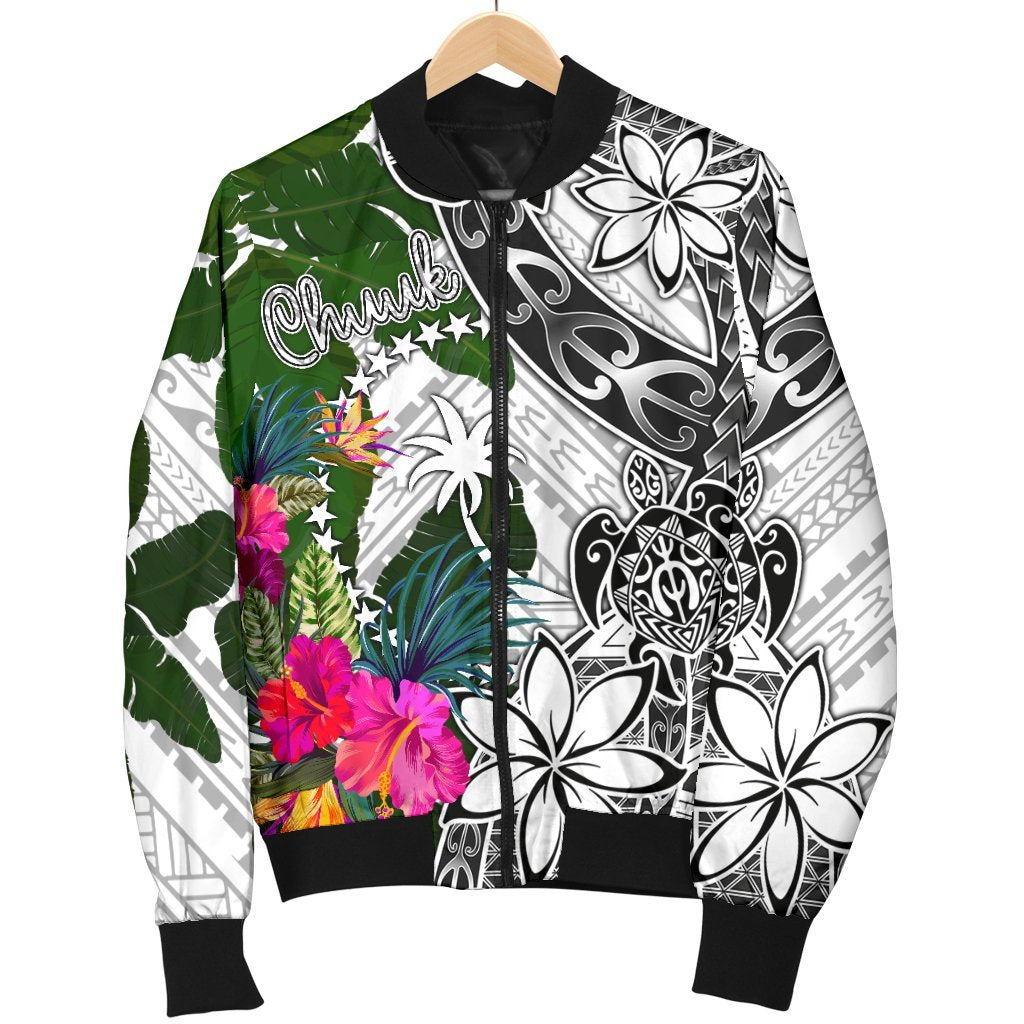 Chuuk Men's Bomber Jacket White - Turtle Plumeria Banana Leaf - Polynesian Pride