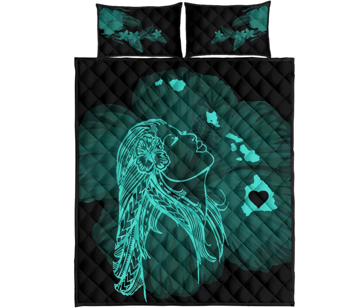 Hula Girl Hibiscus Map Quilt Bed Set - Turquoise Turquoise - Polynesian Pride