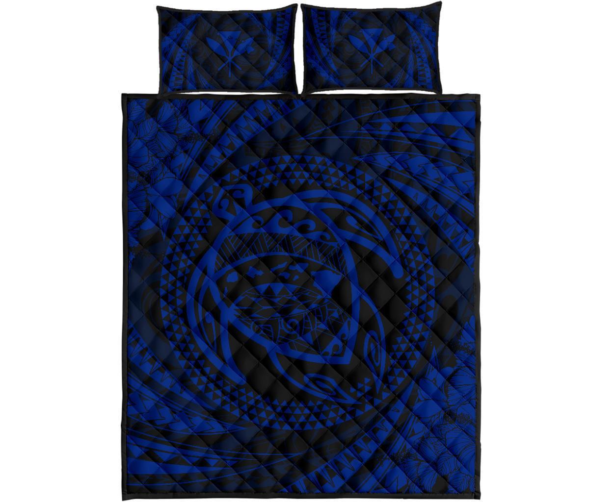 Hawaiian Kanaka Honu Hibiscus Tornando Blue Polynesian Quilt Bed Set Blue - Polynesian Pride