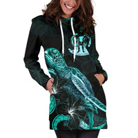 Vanuatu Polynesian Hoodie Dress - Turtle With Blooming Hibiscus Turquoise - Polynesian Pride