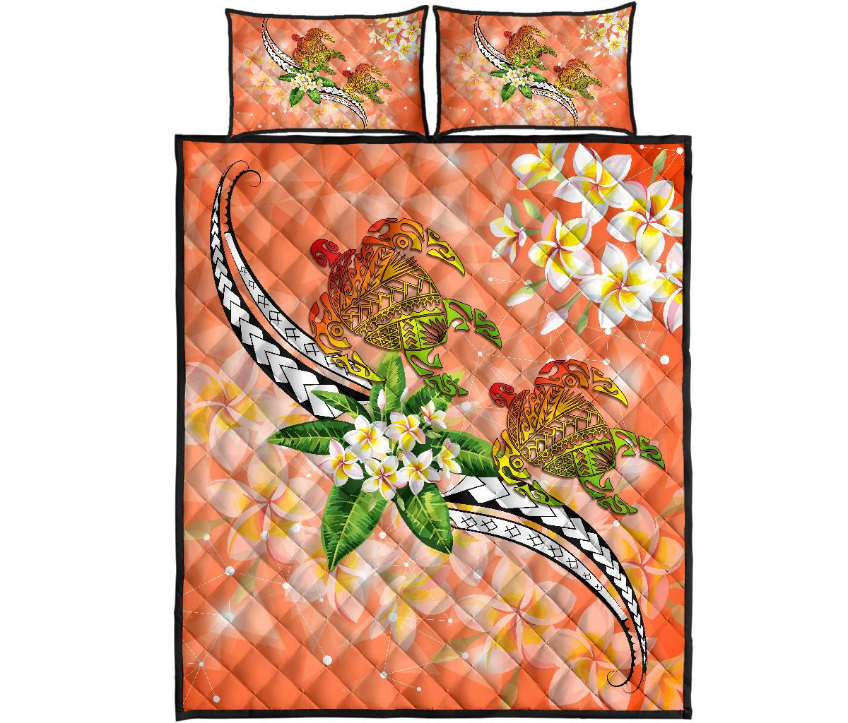 Hawaii Turtle Plumeria Polynesian Quilt Bed Set - Mira Style - AH Orange - Polynesian Pride