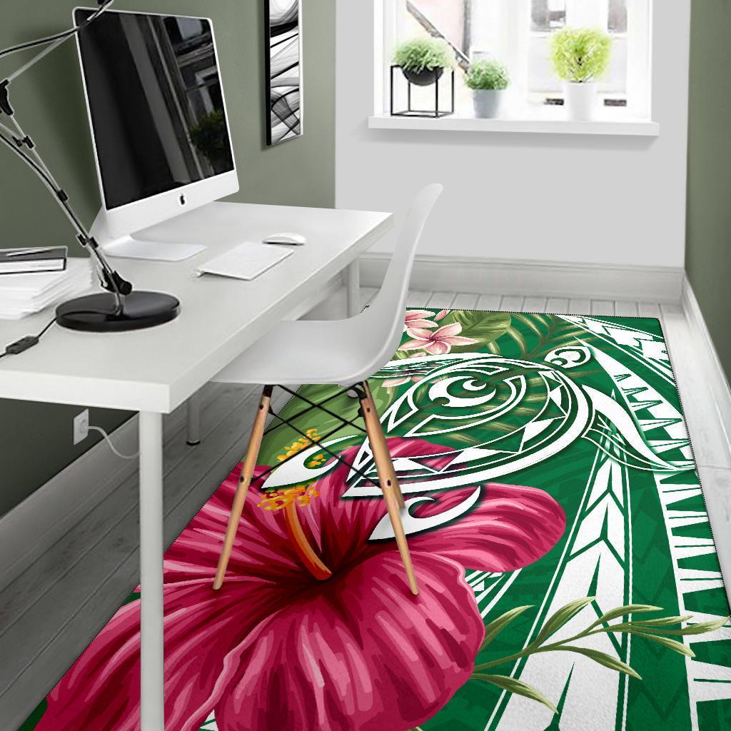 Hawaii Polynesian Turtle Tropical Hibiscus Plumeria Rug - Green - Polynesian Pride