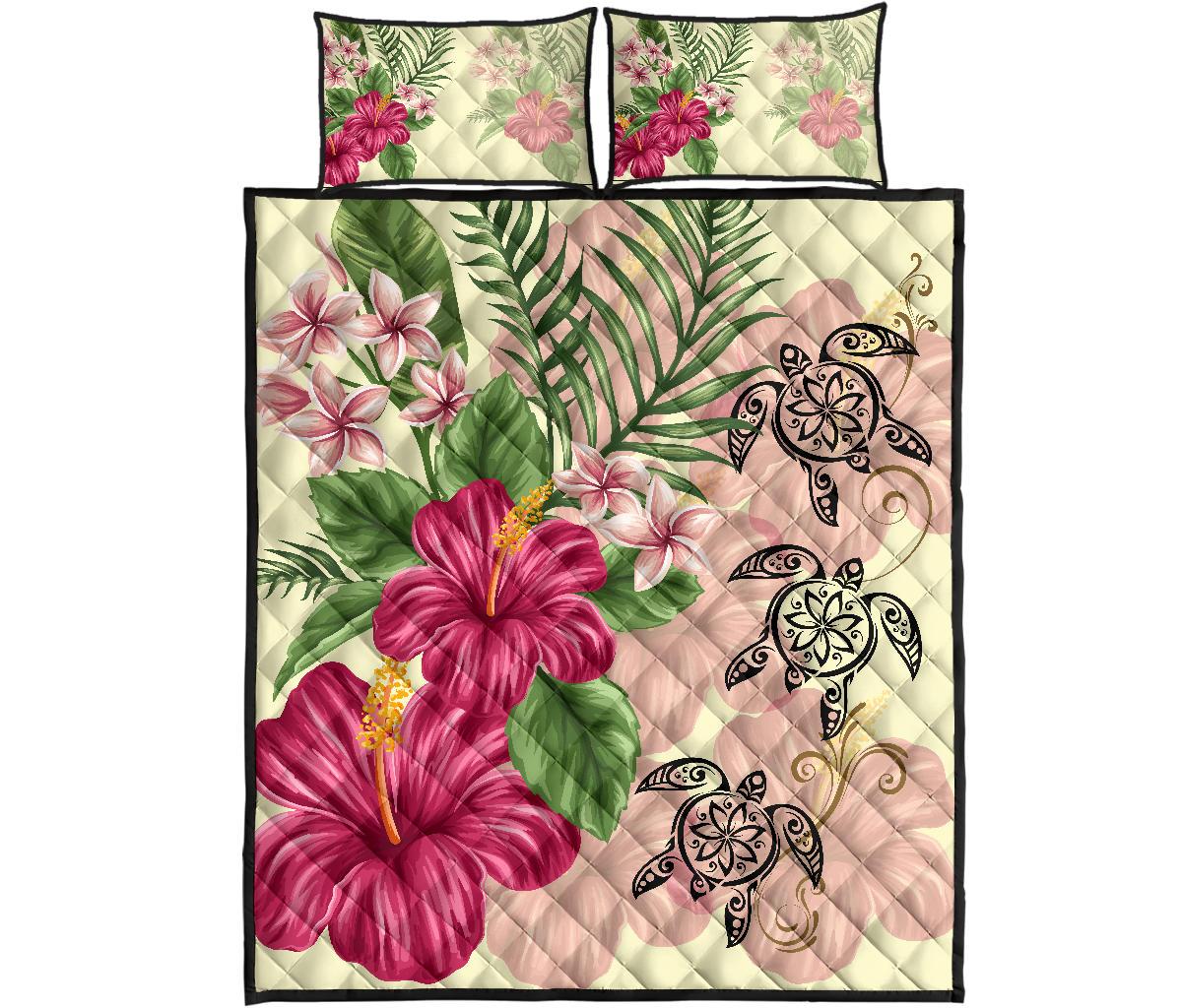 Hawaii Turtle Hibiscus Plumeria Beige Style - Quilt Bed Set AH Yellow - Polynesian Pride