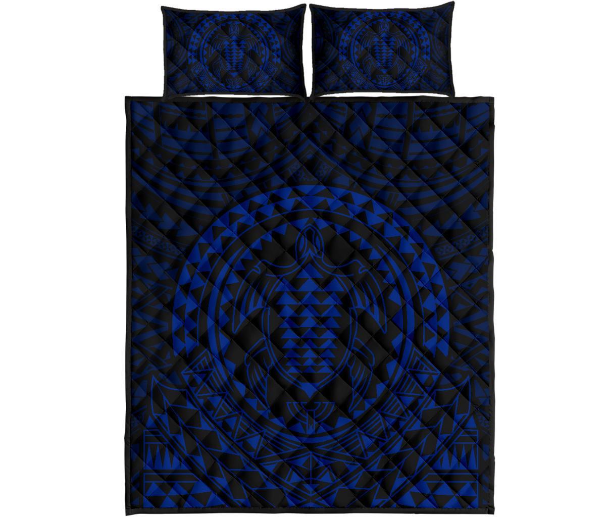 Hawaiian Kakau Honu Arc Blue Polynesian Quilt Bed Set Blue - Polynesian Pride