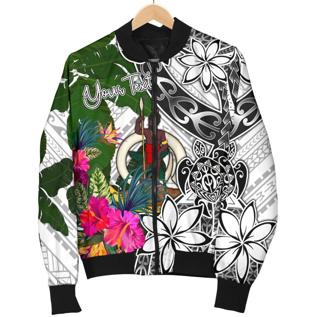 Vanuatu Custom Personalised Men's Bomber Jacket White - Turtle Plumeria Banana Leaf - Polynesian Pride