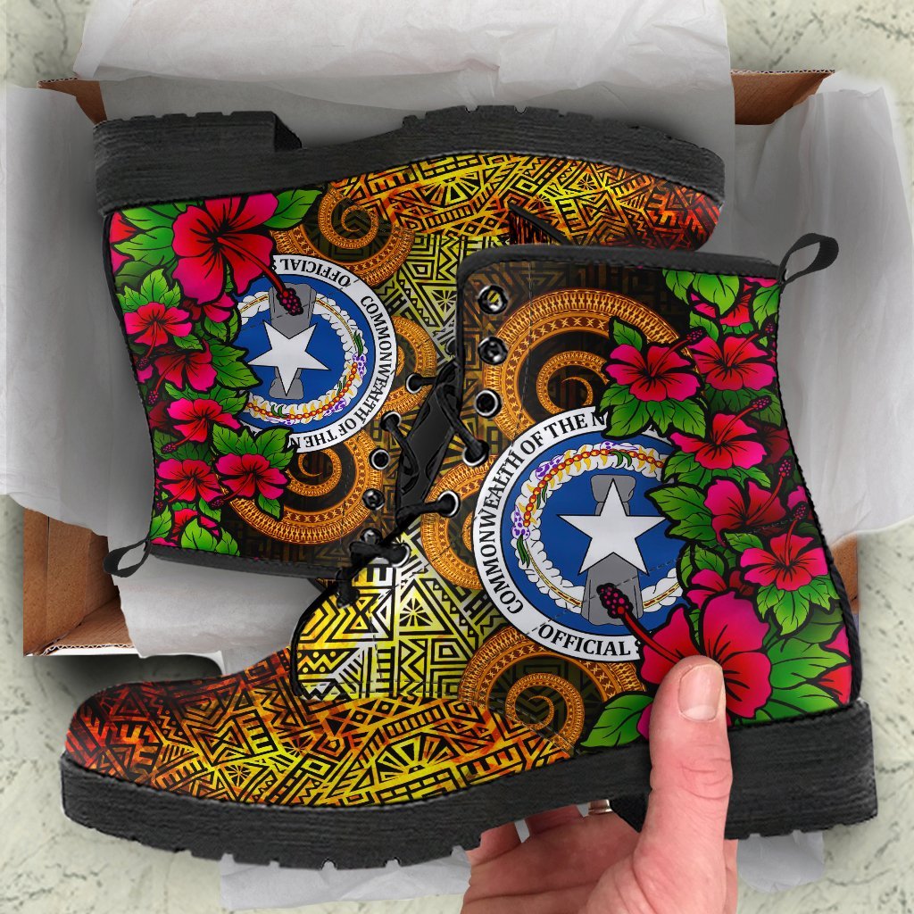 Northern Mariana Islands Polynesian Leather Boots - Hibiscus Vintage Orange - Polynesian Pride