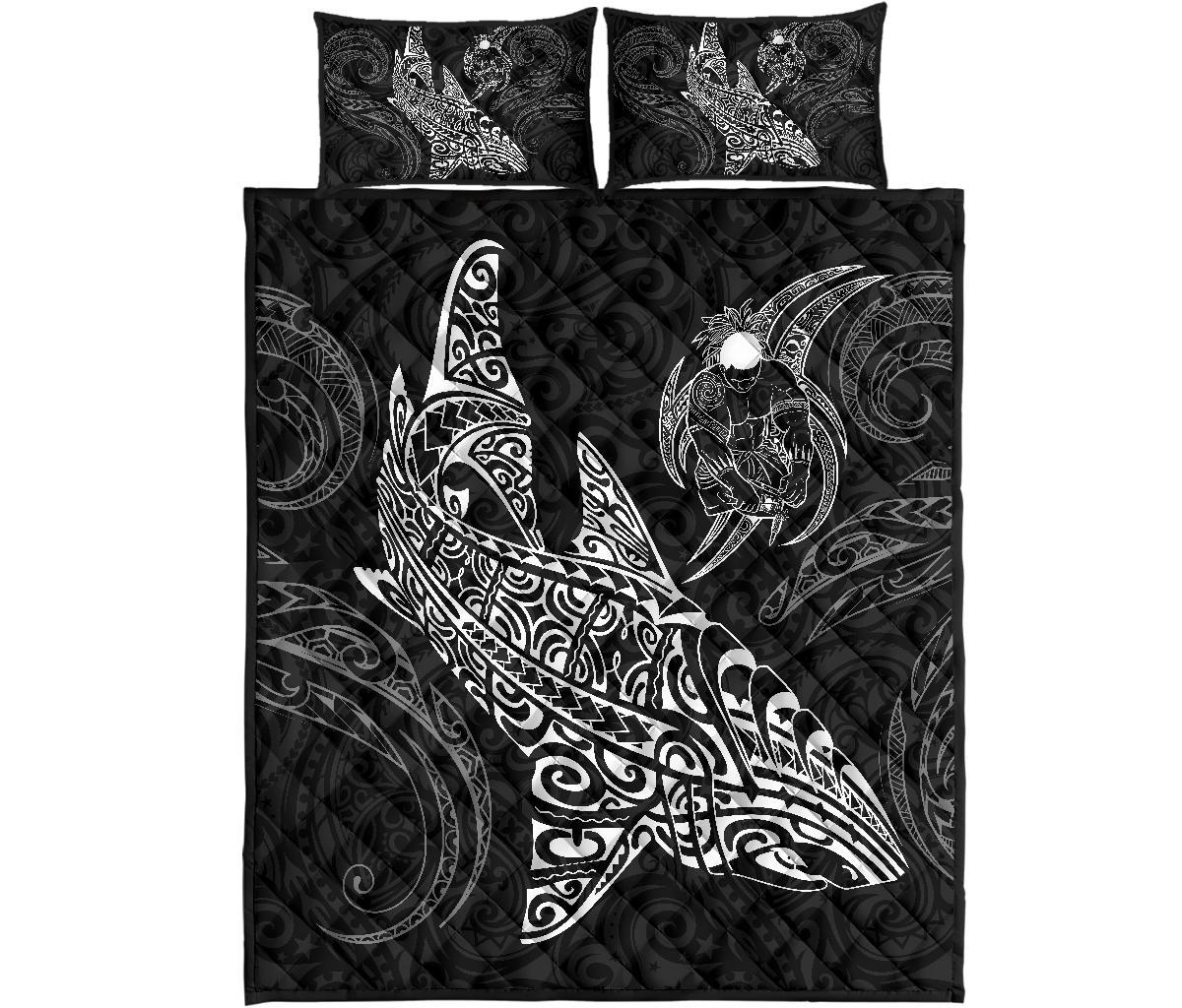 Polynesian Quilt Bed Set - Polynesian White Shark Warrior Tattoo Black - Polynesian Pride