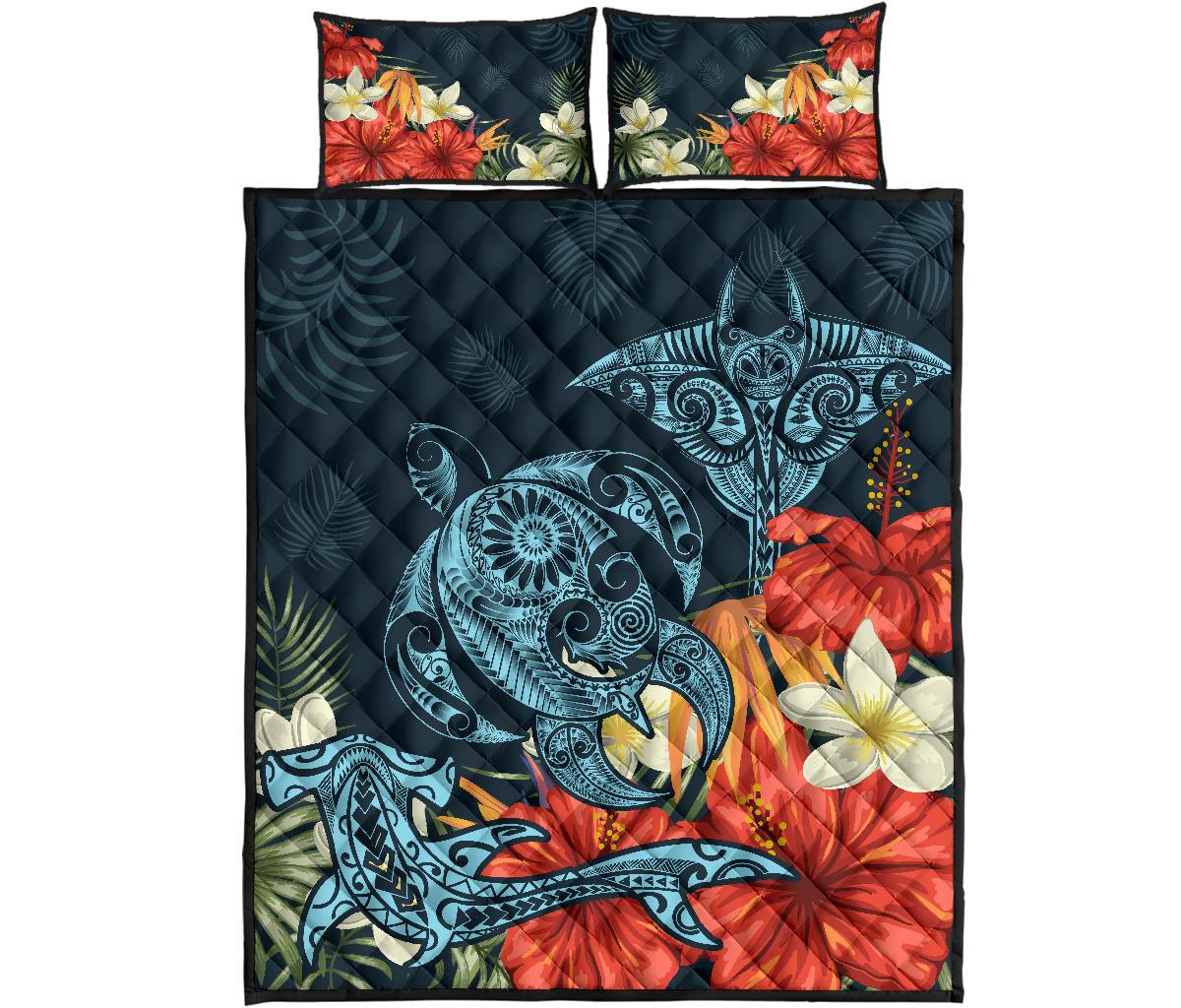 Hawaii Turtle Shark Manta Ray Hibiscus Plumeria Quilt Bed Set Blue - Polynesian Pride